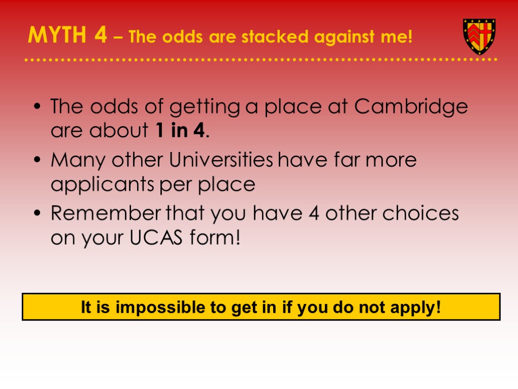 MYTH 4 – The odds are stacked against me! The odds of getting a